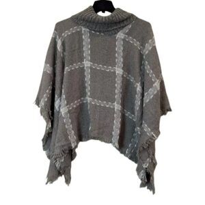 Laundry By Design Womens O/S Grey Combo Poncho Plaid Pure Acrylic Fringe Shawl
